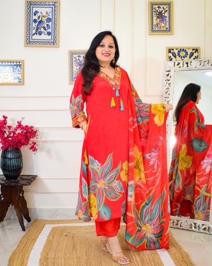 Aline Pure Crepe Suit Set- Red