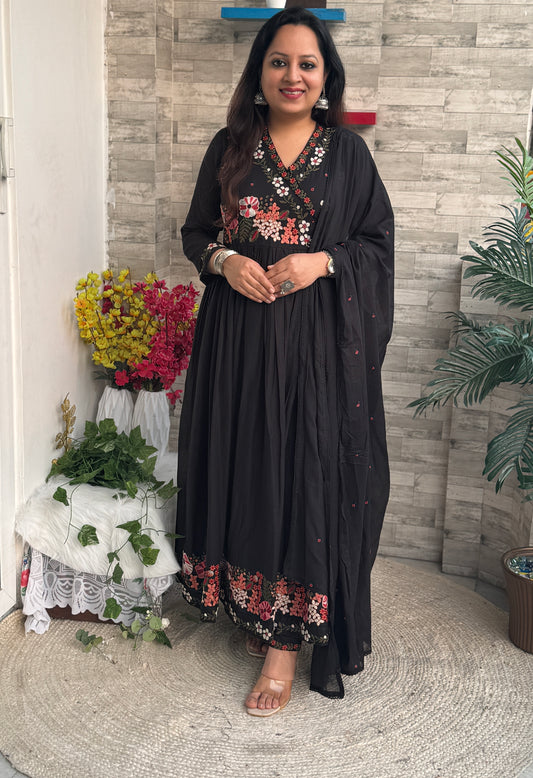 Aaina Mul Anarkali Suit set- Black Colour