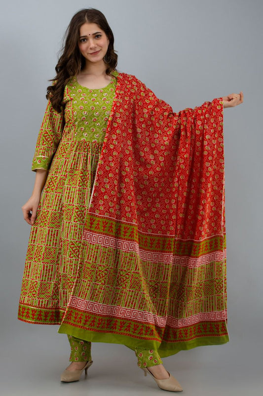 Pure Cotton Gather A-line Suit in Green and Red Colour