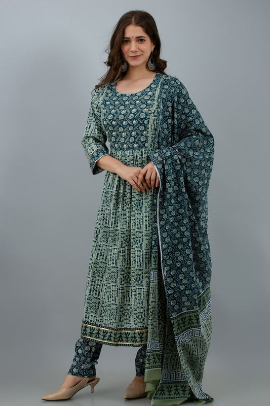 Pure Cotton Gather A-line Suit in Blue Colour