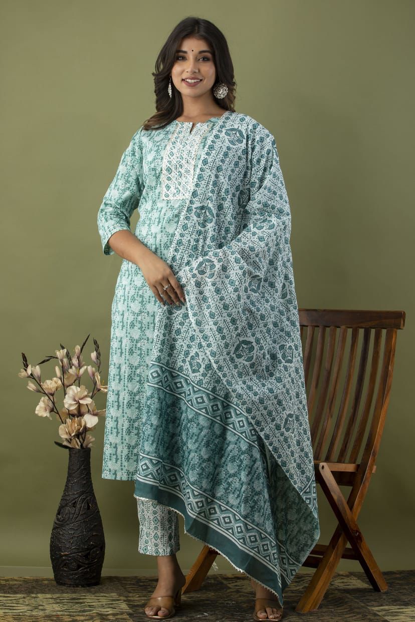 Teal Green Colour 3 pc Pure Cotton Casual Wear suit