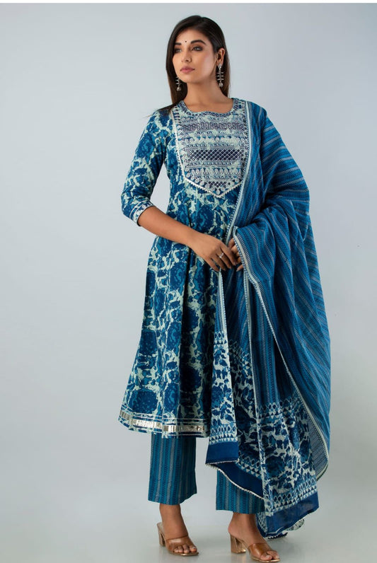 Pure Cotton 3 pc Indigo Blue Anarkali