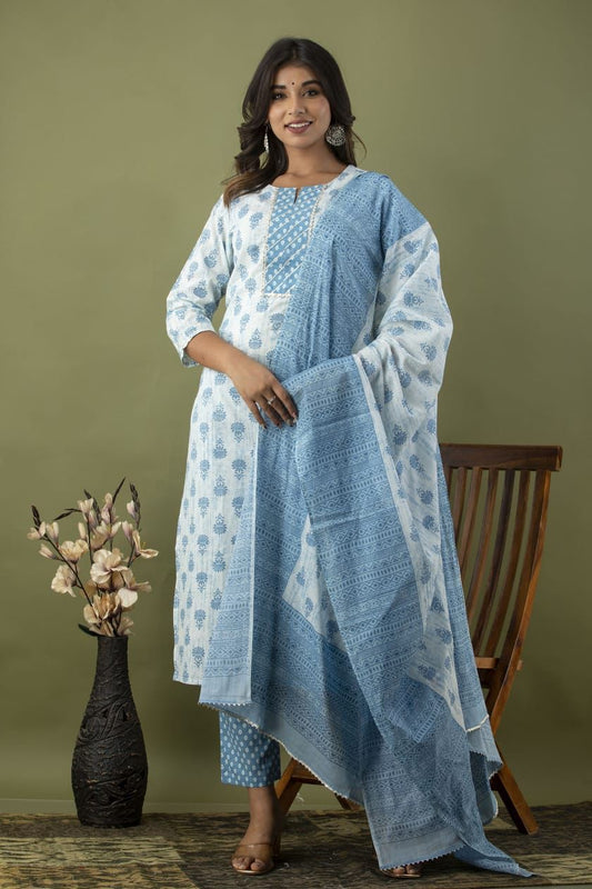 Blue Colour 3 pc Pure Cotton Casual Wear suit