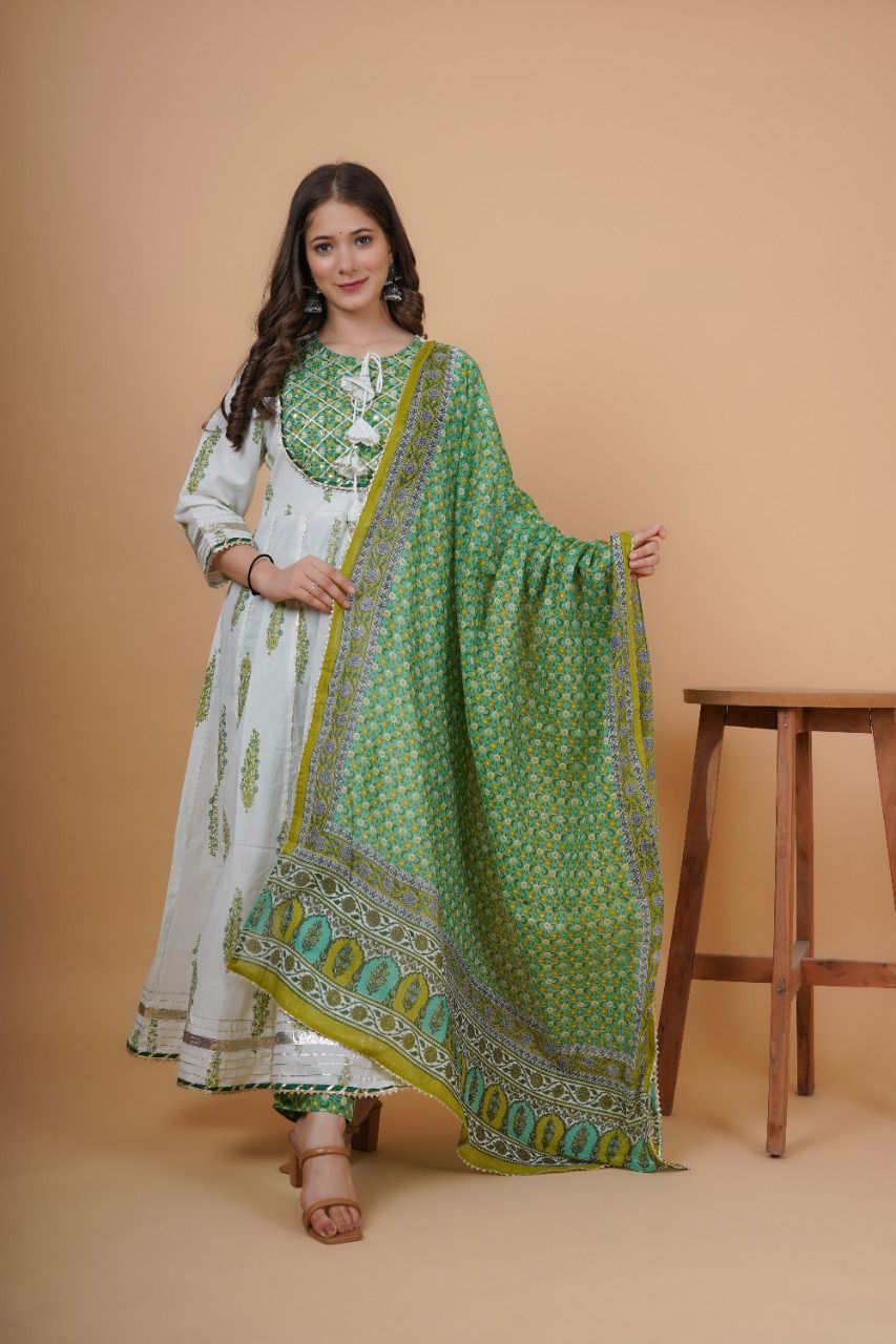 3 pc Pure Cotton Anarkali Set in White and Green Colour