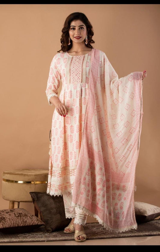 White Pink Anarkali Set in Lurex Rayon fabric