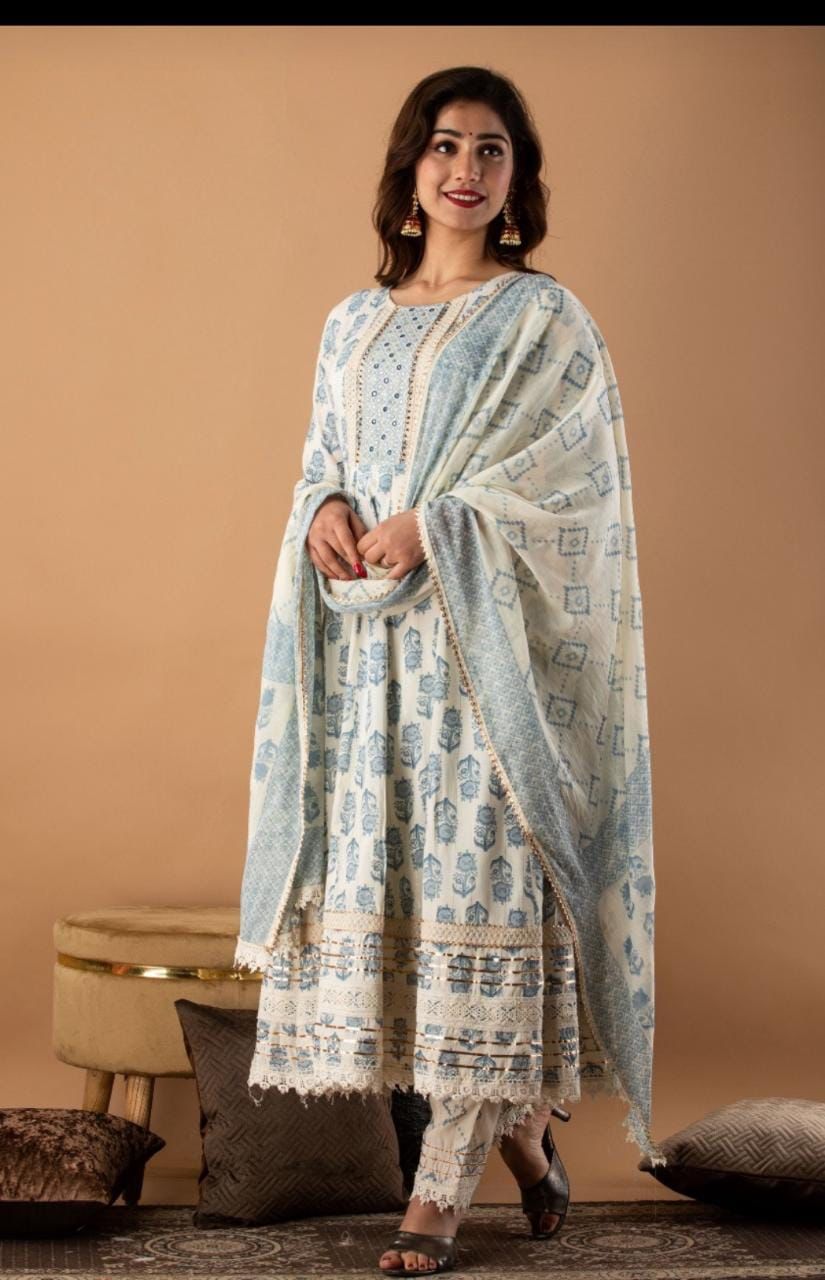 White Blue Anarkali Set in Lurex Rayon fabric