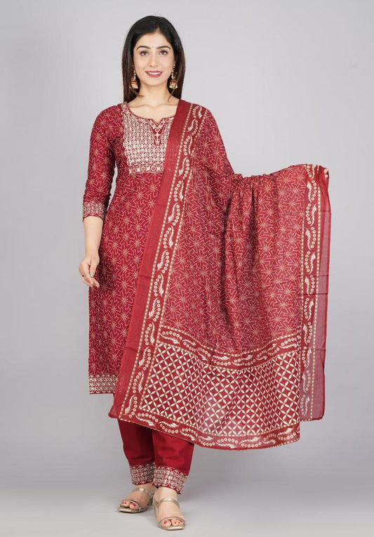 Rayon Fabric Maroon Colour 3 pc Suit