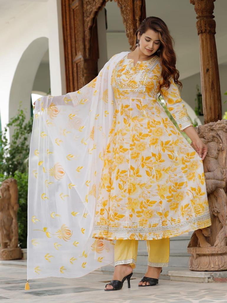 Pure Cotton Yellow colour 3 pc Anarkali