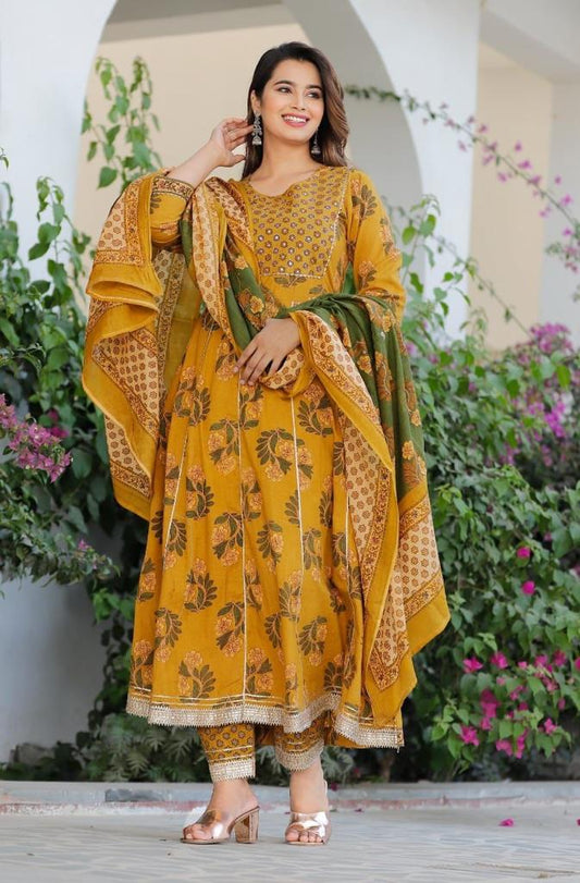 Pure Cotton Mustard colour 3 pc Anarkali