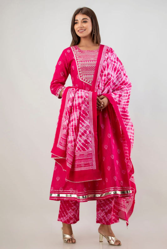 Pure Cotton 3 pc Pink Lurex Anarkali Colour