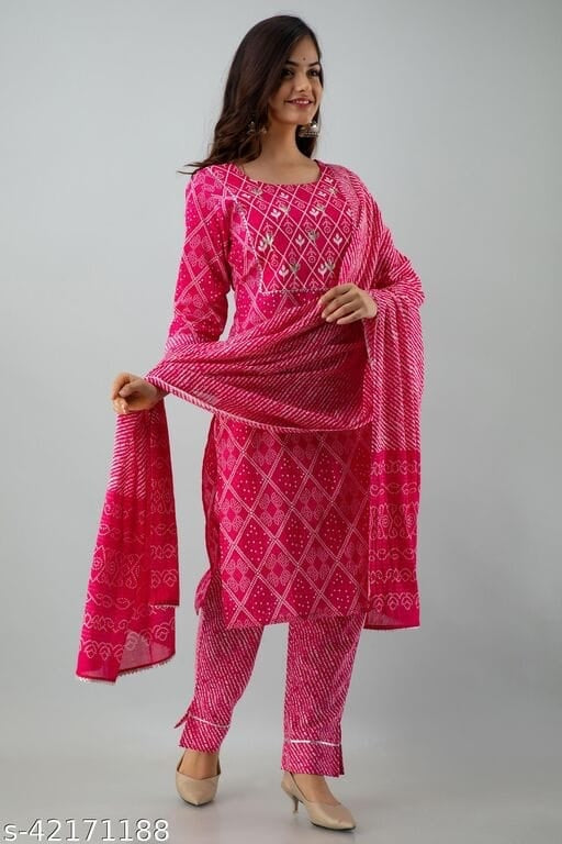 Pink Bandhani 3 pc Rayon Casual Wear suit