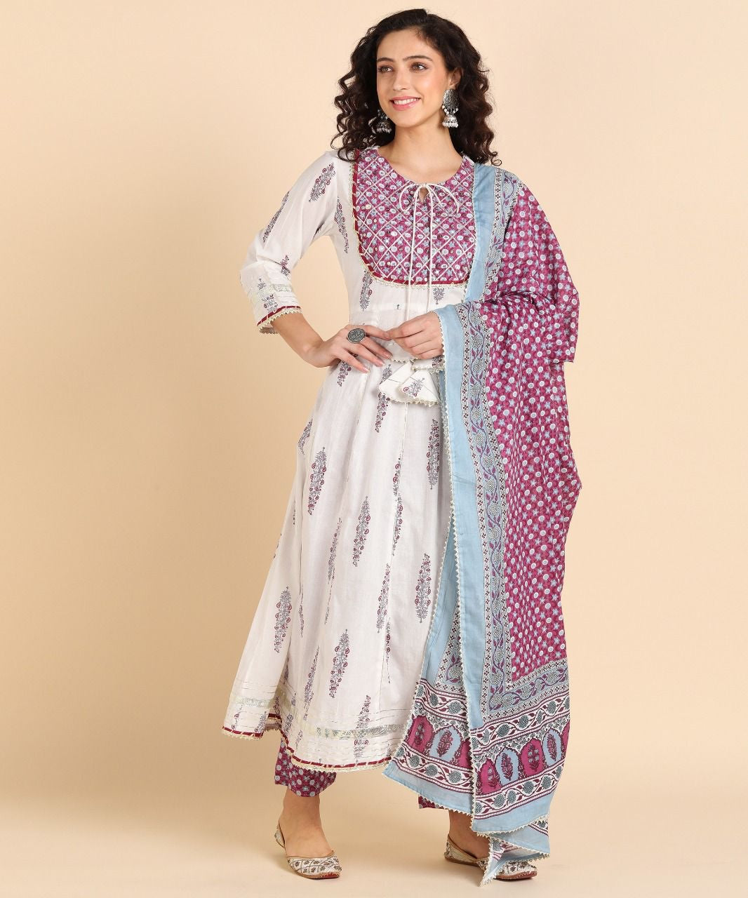 3 pc Pure Cotton Anarkali Set in White and Wine Colour