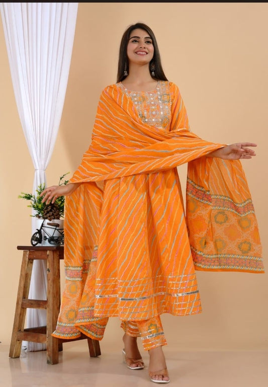 Orange Colour 3 pc Pure Cotton Leheriya Print Anarkali Set