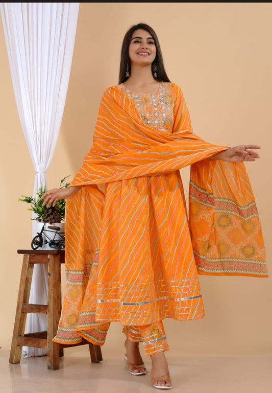 Orange Colour 3 pc Pure Cotton Leheriya Print Anarkali Set