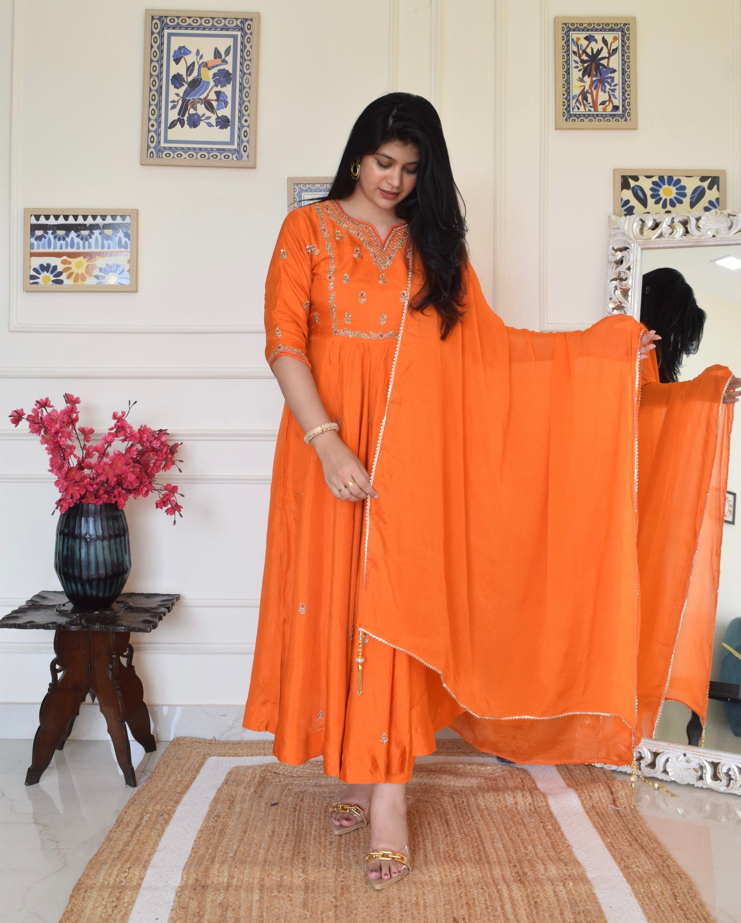 Our Gorgeous 'Laila' Pure Dola Silk Hand Embroidered Anarkali Suit set- Orange