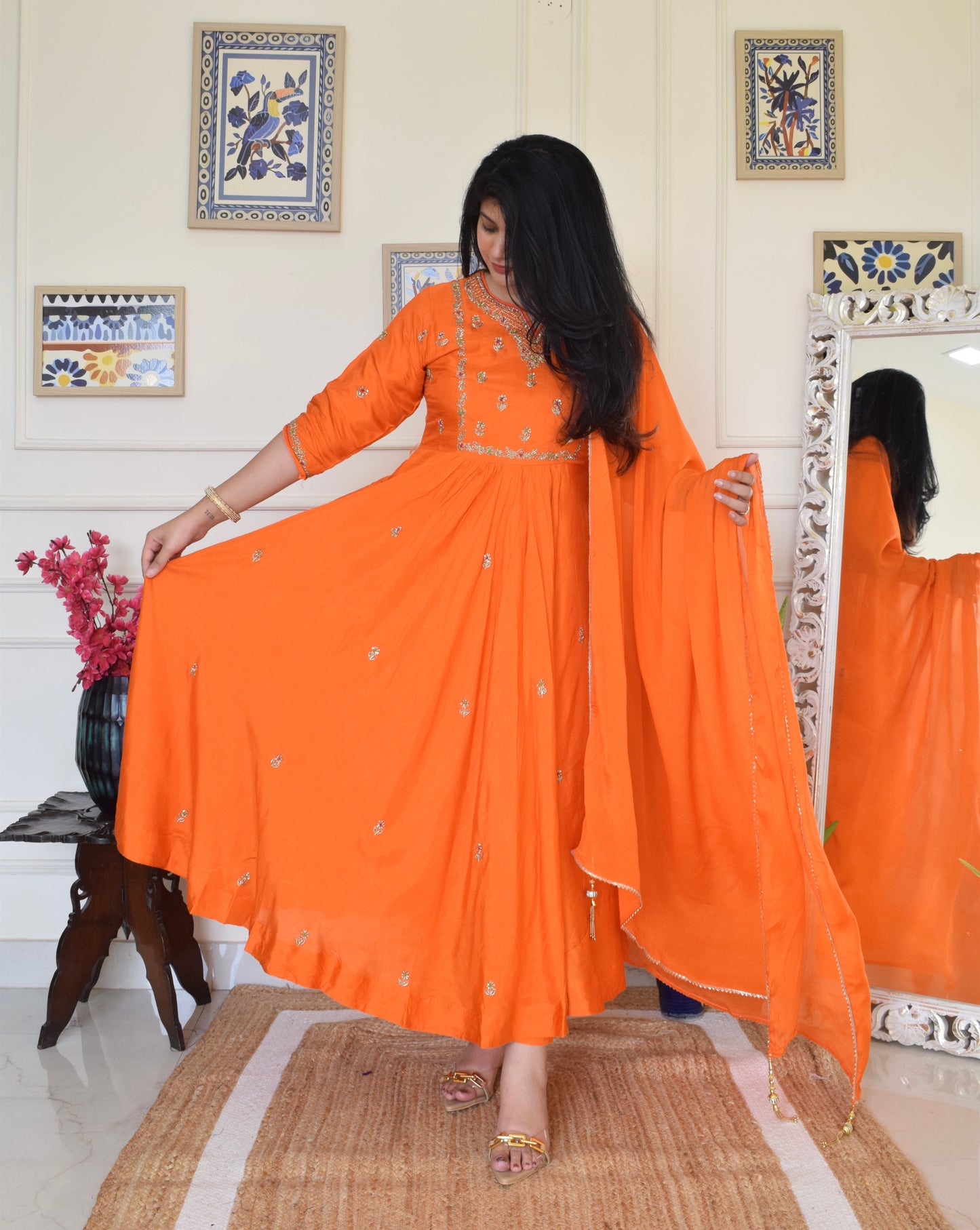 Our Gorgeous 'Laila' Pure Dola Silk Hand Embroidered Anarkali Suit set- Orange