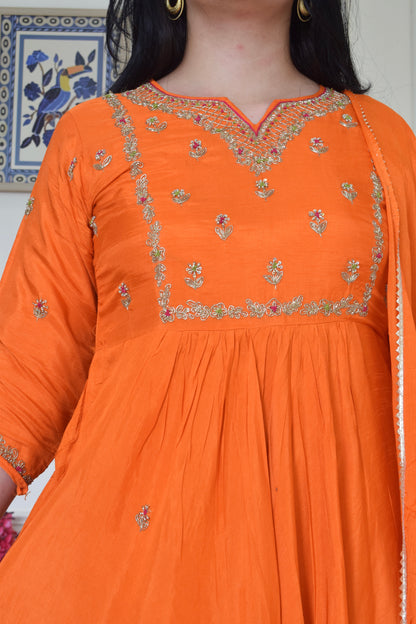 Our Gorgeous 'Laila' Pure Dola Silk Hand Embroidered Anarkali Suit set- Orange