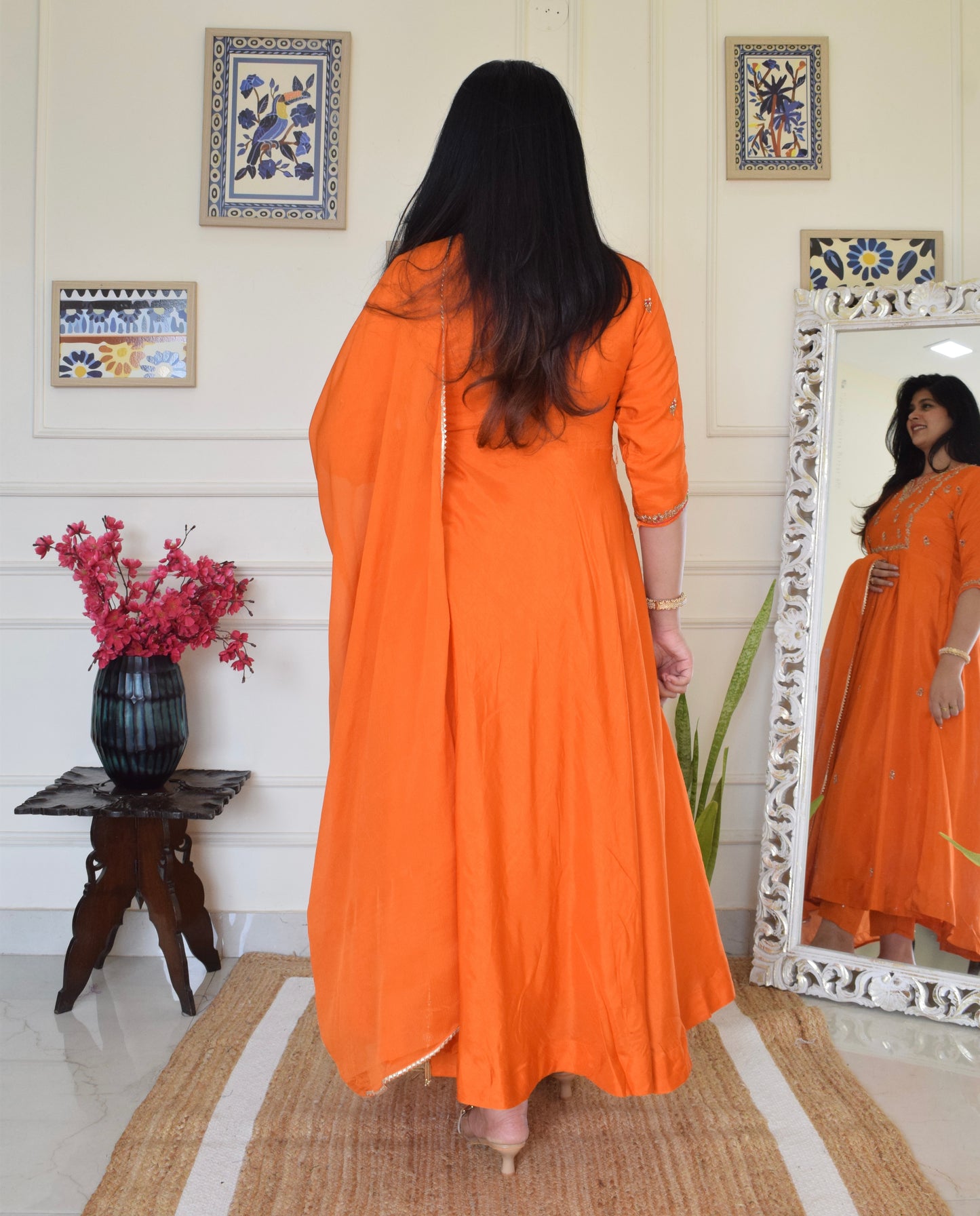 Our Gorgeous 'Laila' Pure Dola Silk Hand Embroidered Anarkali Suit set- Orange