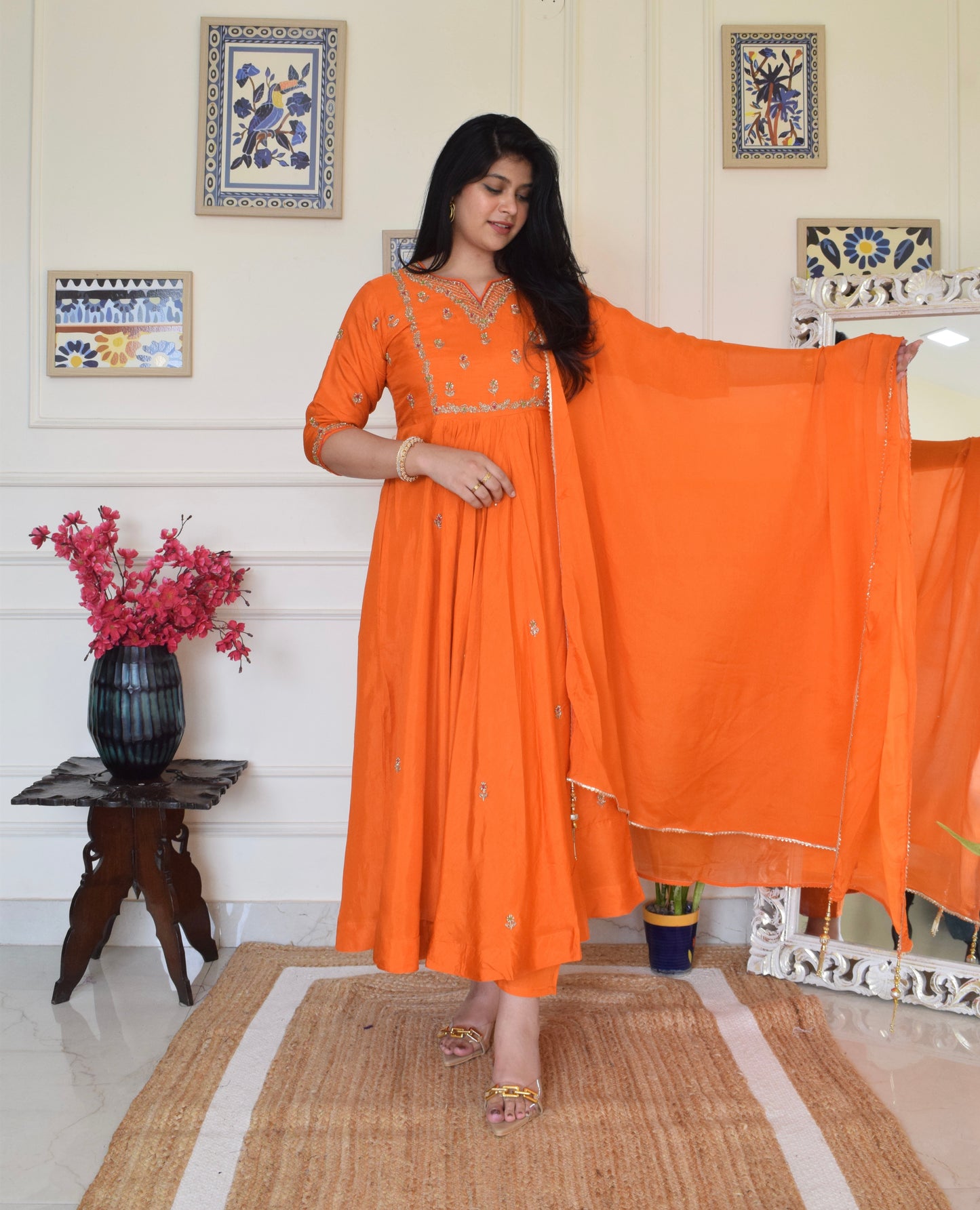 Our Gorgeous 'Laila' Pure Dola Silk Hand Embroidered Anarkali Suit set- Orange