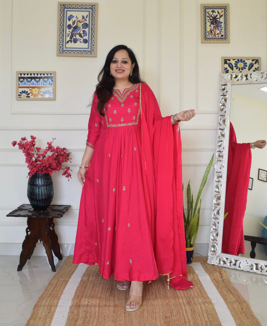 Our Gorgeous 'Laila' Pure Dola Silk Hand Embroidered Anarkali Suit set- Pink
