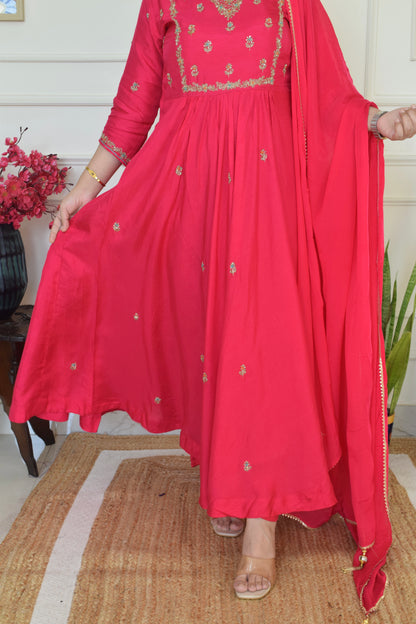 Our Gorgeous 'Laila' Pure Dola Silk Hand Embroidered Anarkali Suit set- Pink