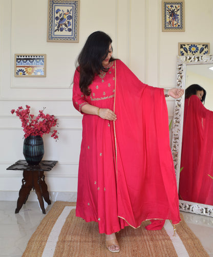 Our Gorgeous 'Laila' Pure Dola Silk Hand Embroidered Anarkali Suit set- Pink