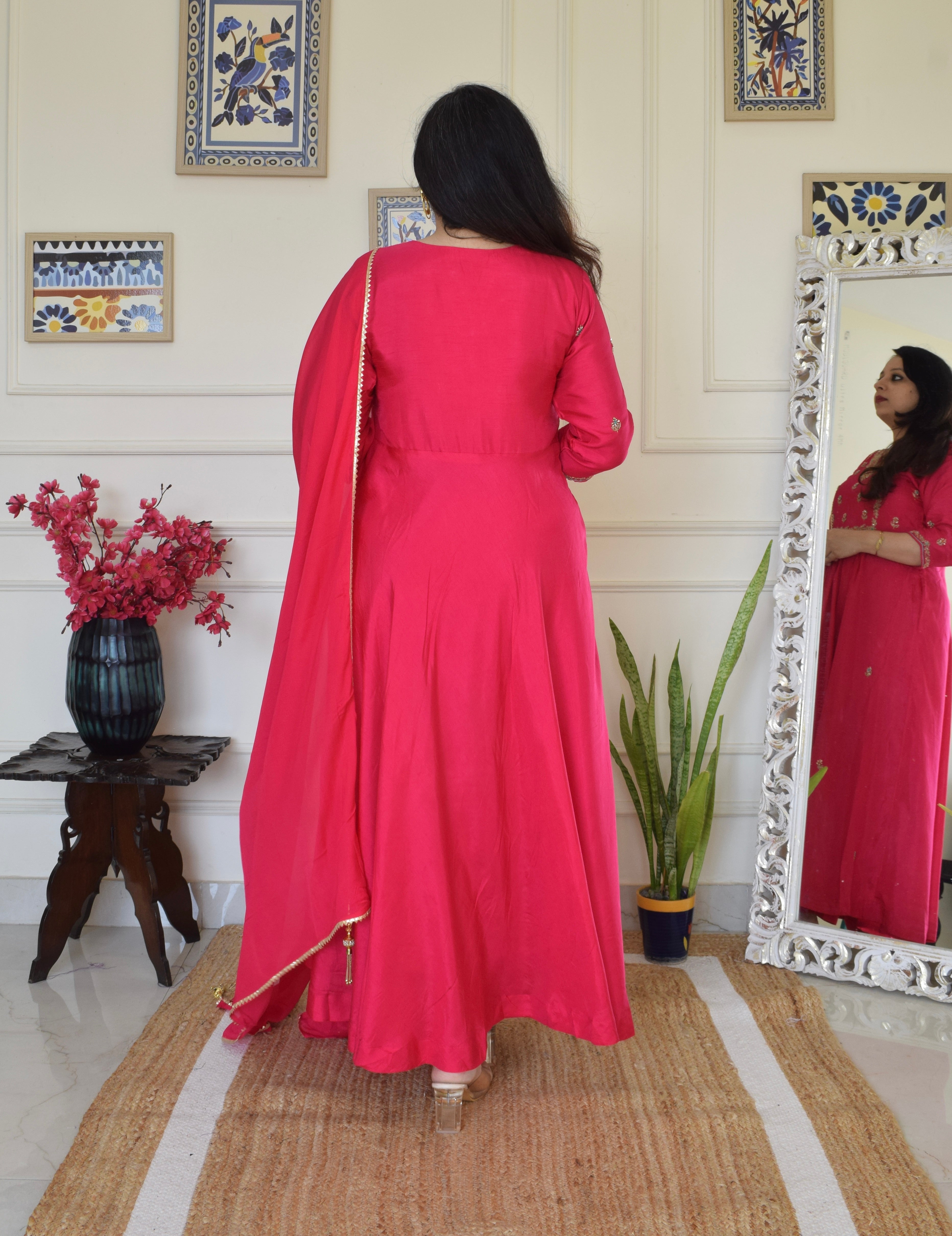 Our Gorgeous 'Laila' Pure Dola Silk Hand Embroidered Anarkali Suit set- Pink
