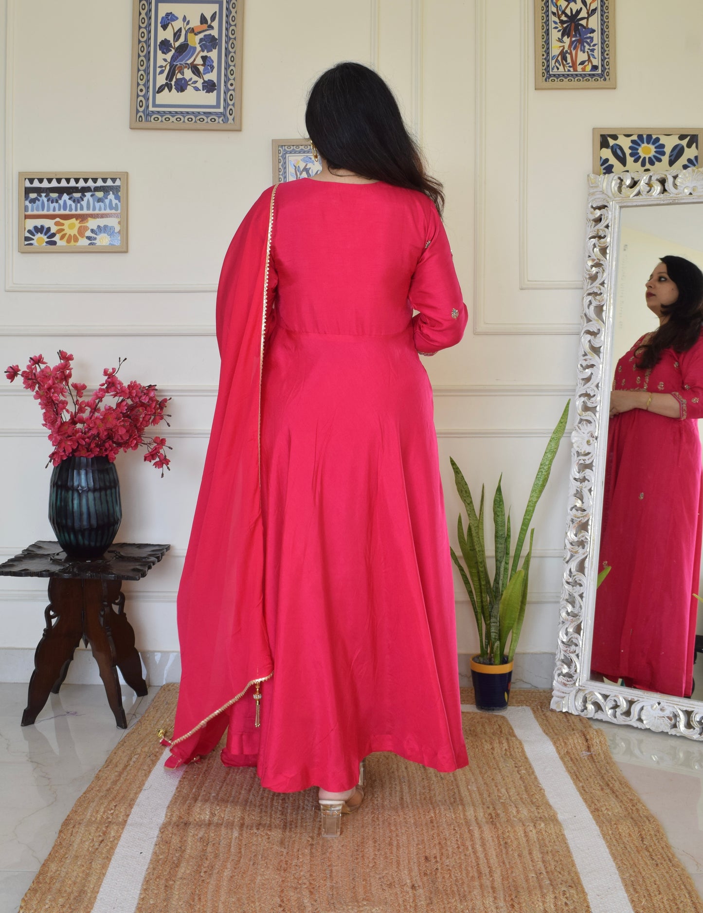 Our Gorgeous 'Laila' Pure Dola Silk Hand Embroidered Anarkali Suit set- Pink