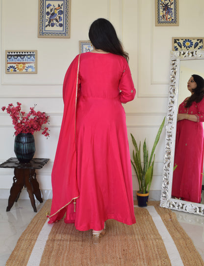 Our Gorgeous 'Laila' Pure Dola Silk Hand Embroidered Anarkali Suit set- Pink