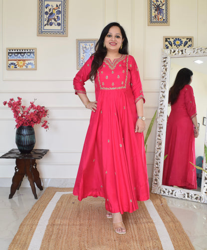 Our Gorgeous 'Laila' Pure Dola Silk Hand Embroidered Anarkali Suit set- Pink