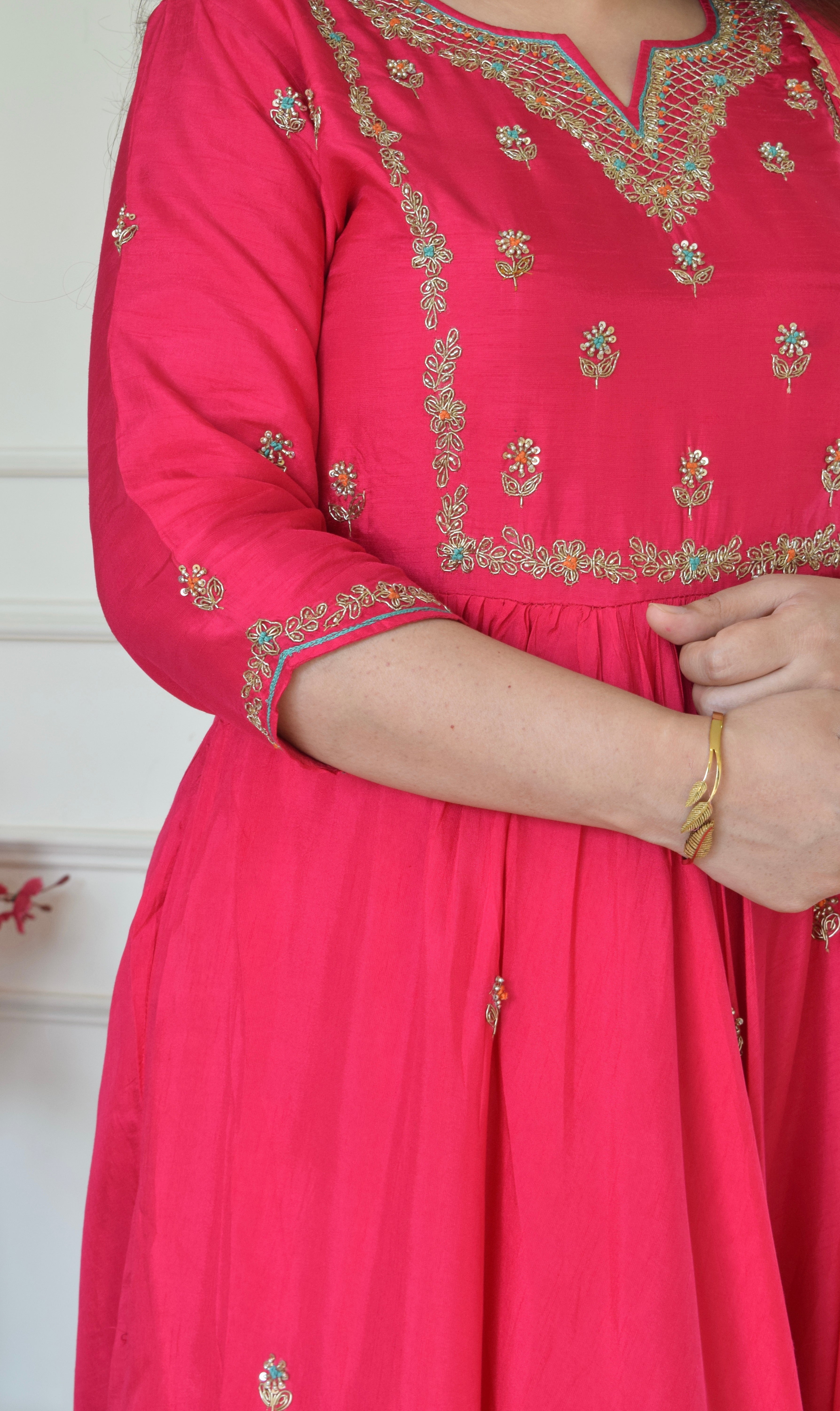 Our Gorgeous 'Laila' Pure Dola Silk Hand Embroidered Anarkali Suit set- Pink