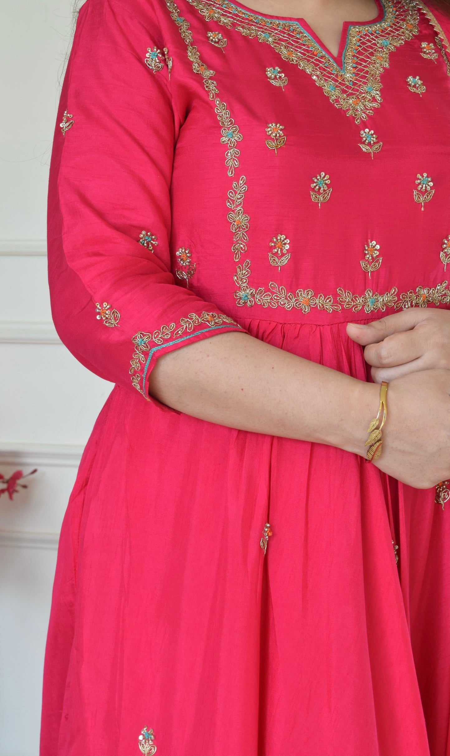 Our Gorgeous 'Laila' Pure Dola Silk Hand Embroidered Anarkali Suit set- Pink