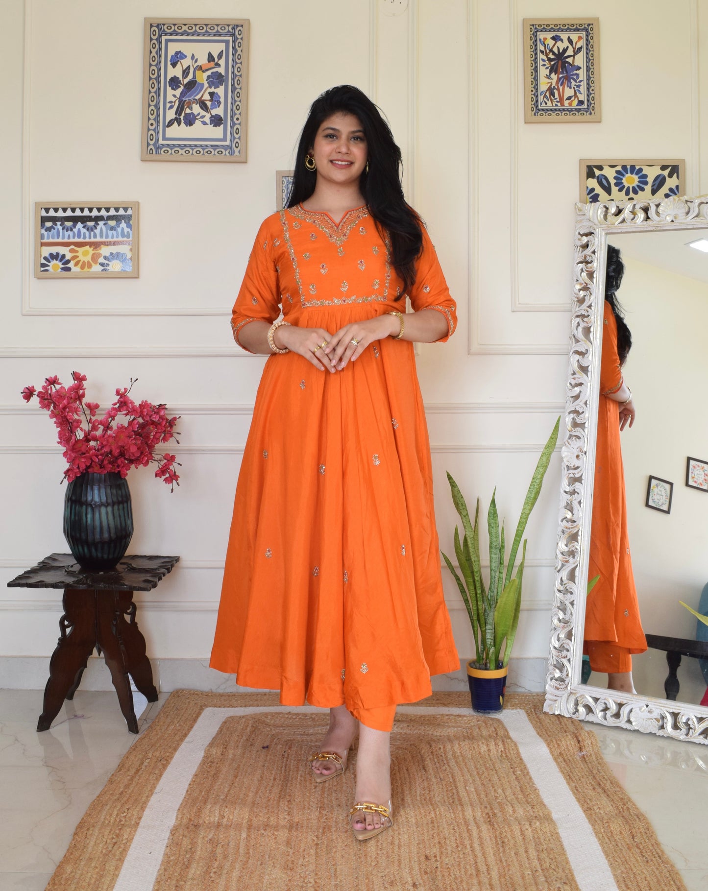 Our Gorgeous 'Laila' Pure Dola Silk Hand Embroidered Anarkali Suit set- Orange