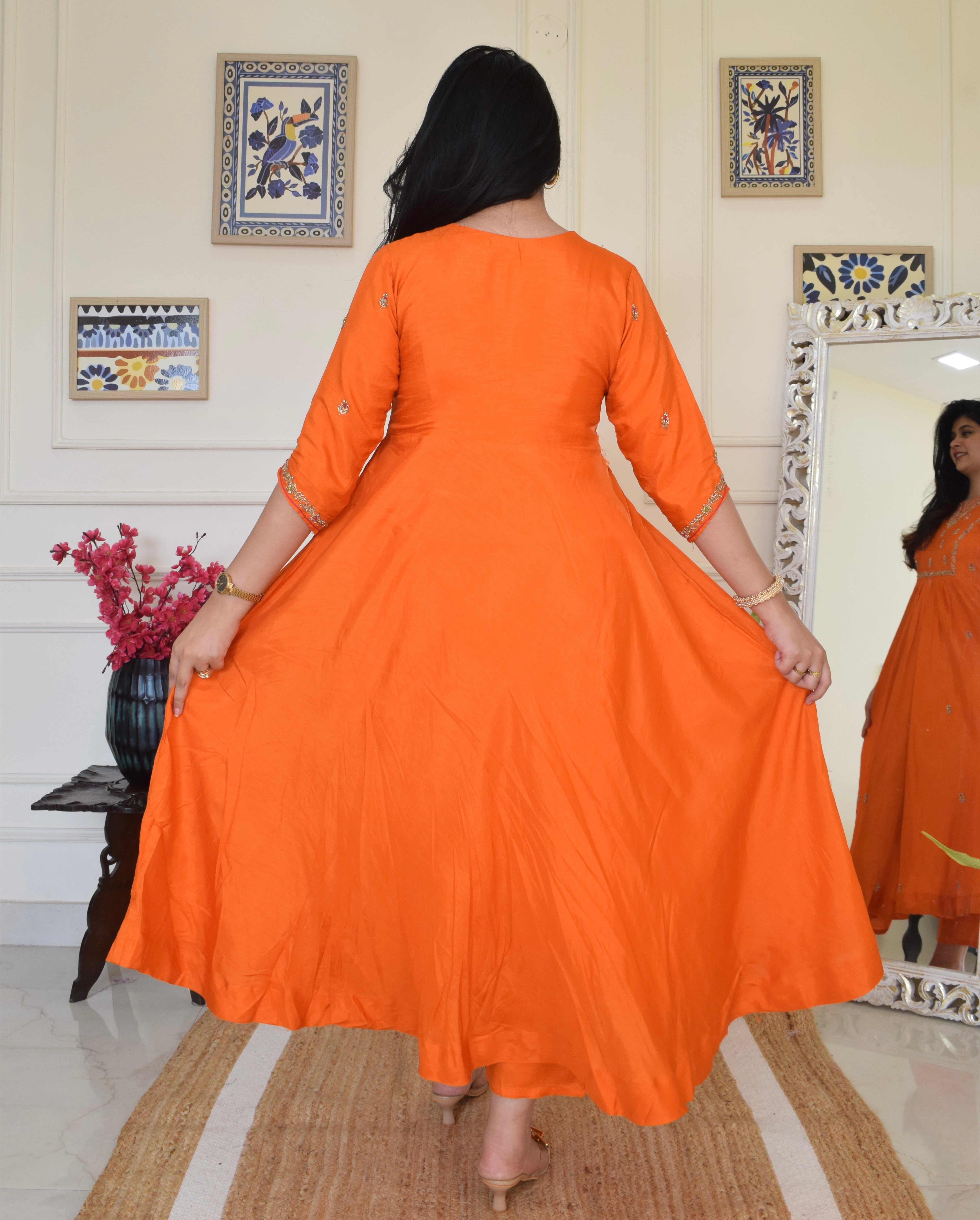 Our Gorgeous 'Laila' Pure Dola Silk Hand Embroidered Anarkali Suit set- Orange