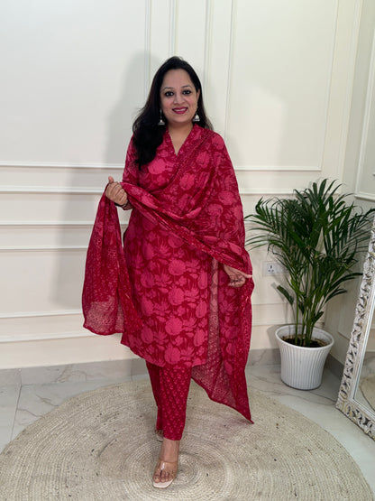 Inara Daily Wear Suit Set-Red Colour