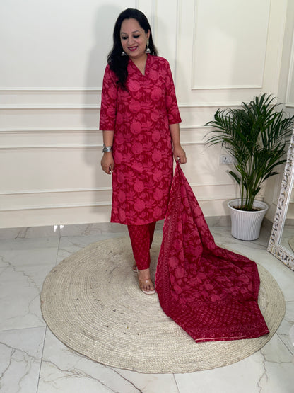 Inara Daily Wear Suit Set-Red Colour