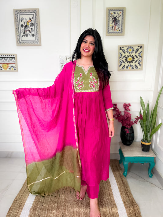 Pure Mul Chanderi Anarkali Suit set with hand embroidery- Pink Green