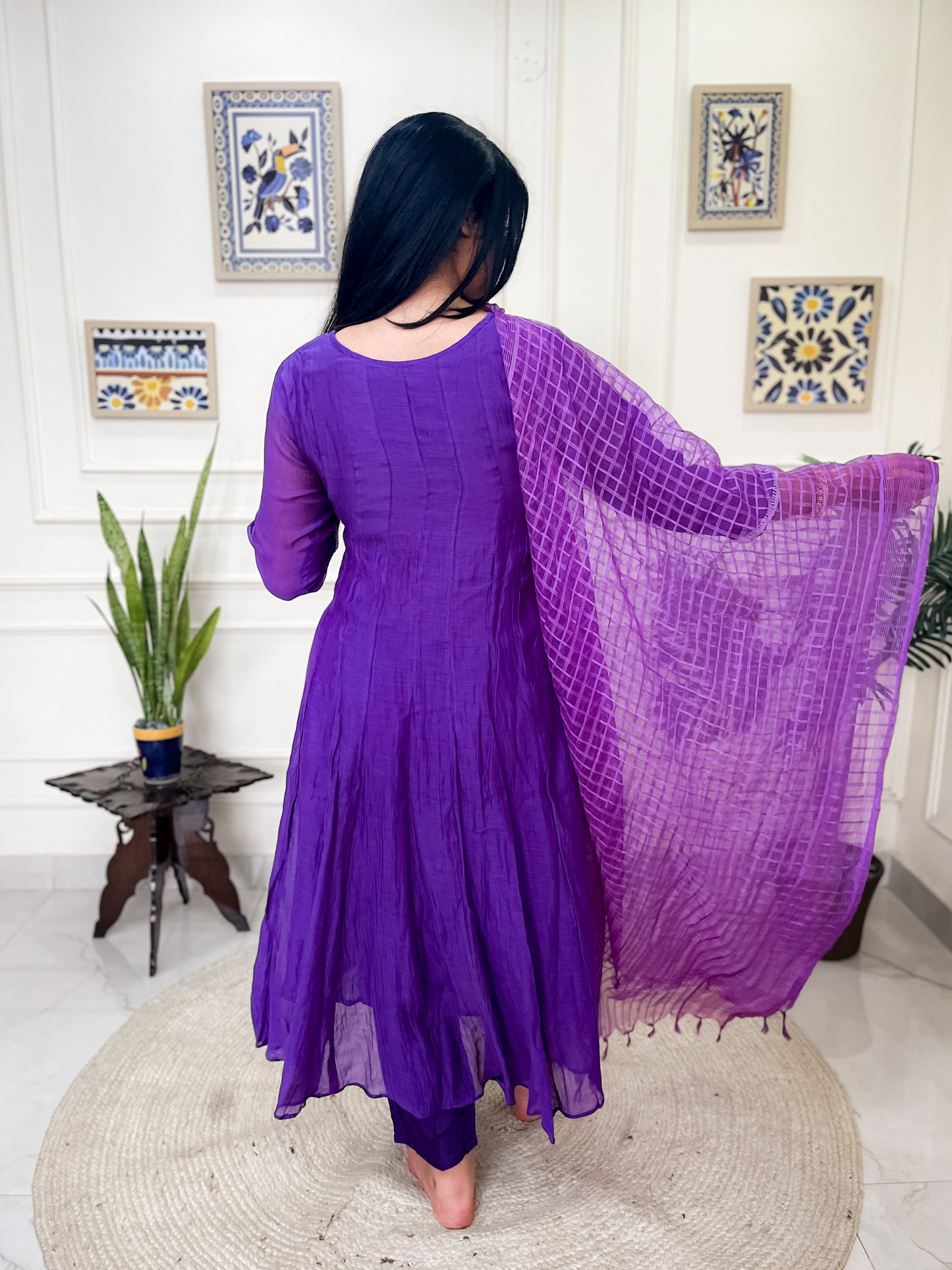 Pure Mul Chanderi Anarkali Suit set with hand embroidery- Purple