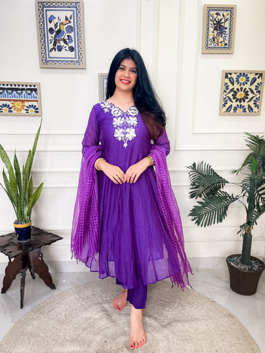 Pure Mul Chanderi Anarkali Suit set with hand embroidery- Purple