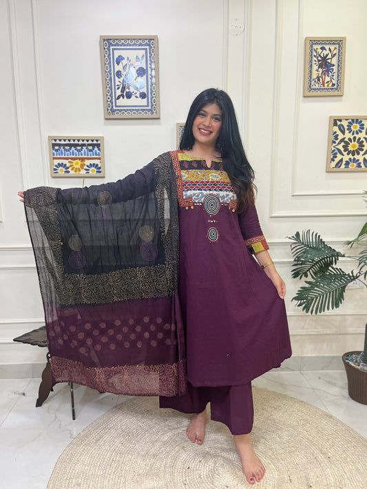 Gamthi Anarkali Suit set with mirror work- Wine Colour