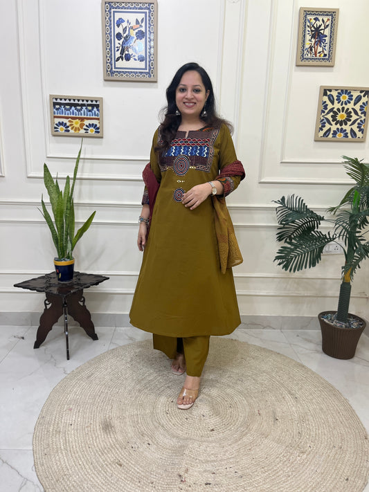 Gamthi Anarkali Suit set with mirror work- Mustard Colour