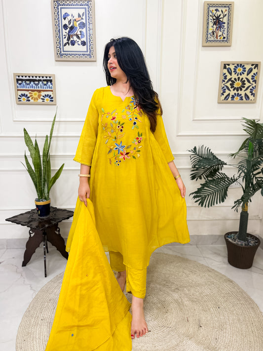Pure Mul Chanderi Anarkali Suit set with anchor thread hand embroidery- Yellowish-Green