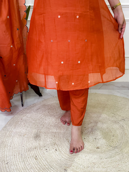 Pure Mul Chanderi Aline Suit set with intricate hand embroidery- Orange