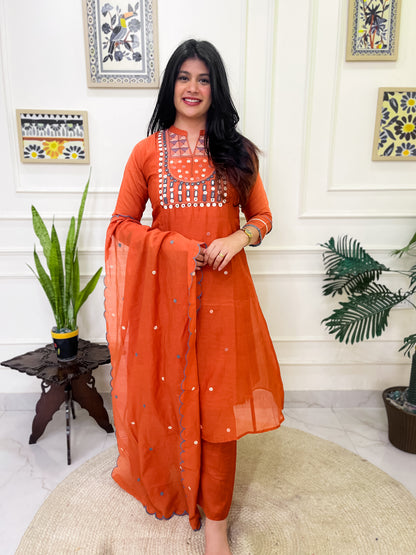 Pure Mul Chanderi Aline Suit set with intricate hand embroidery- Orange
