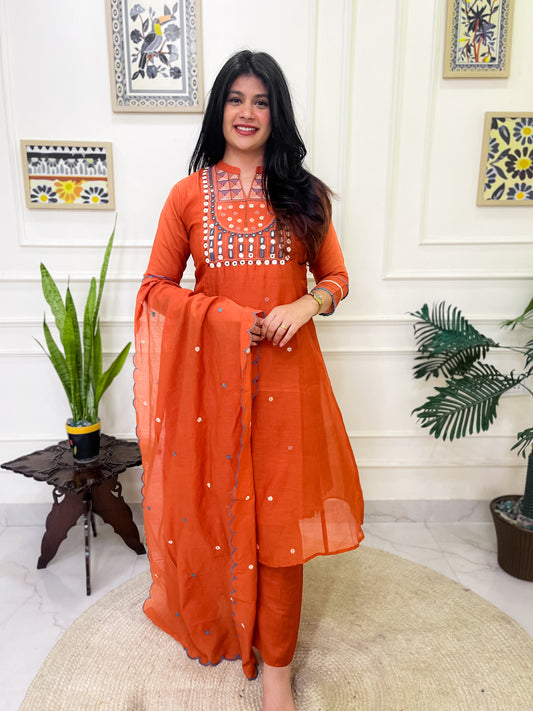 Pure Mul Chanderi Aline Suit set with intricate hand embroidery- Orange