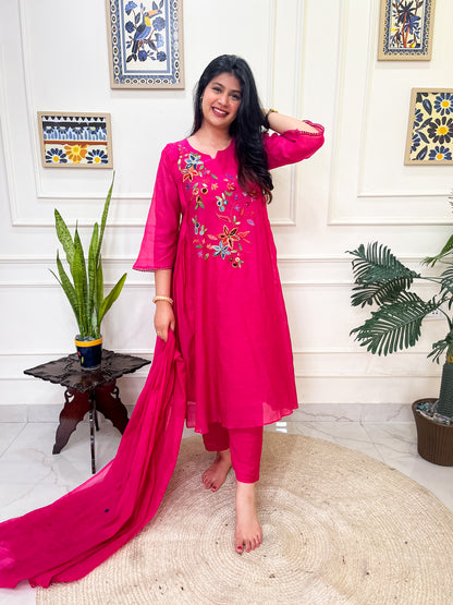 Pure Mul Chanderi Anarkali Suit set with anchor thread hand embroidery- Pink