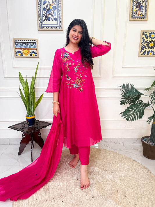 Pure Mul Chanderi Anarkali Suit set with anchor thread hand embroidery- Pink