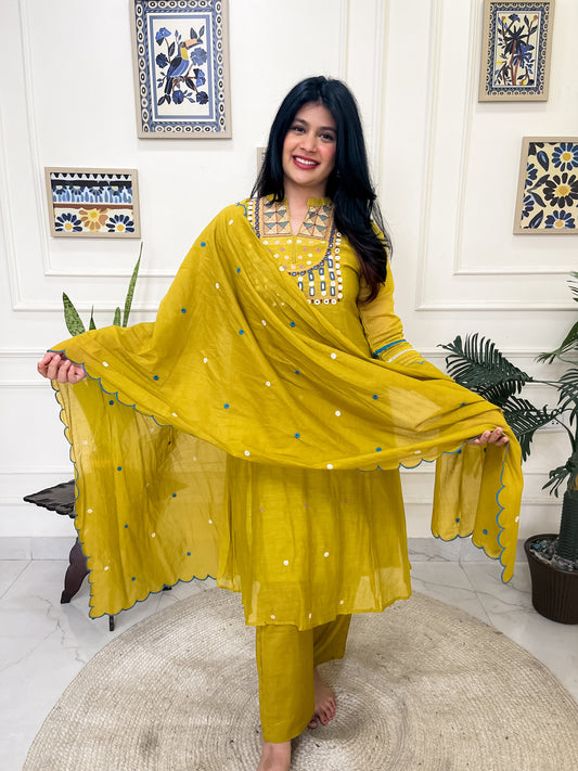 Pure Mul Chanderi Aline Suit set with intricate hand embroidery- Green