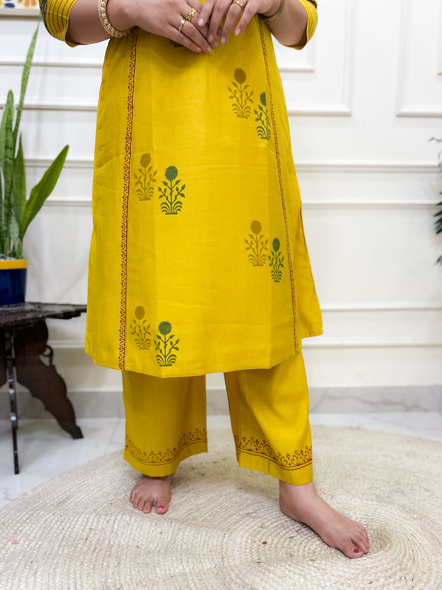Yellow Aline 2 piece premium Silk Cotton Suit Set with Pockets- Yellow