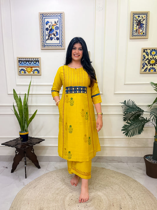 Yellow Aline 2 piece premium Silk Cotton Suit Set with Pockets- Yellow
